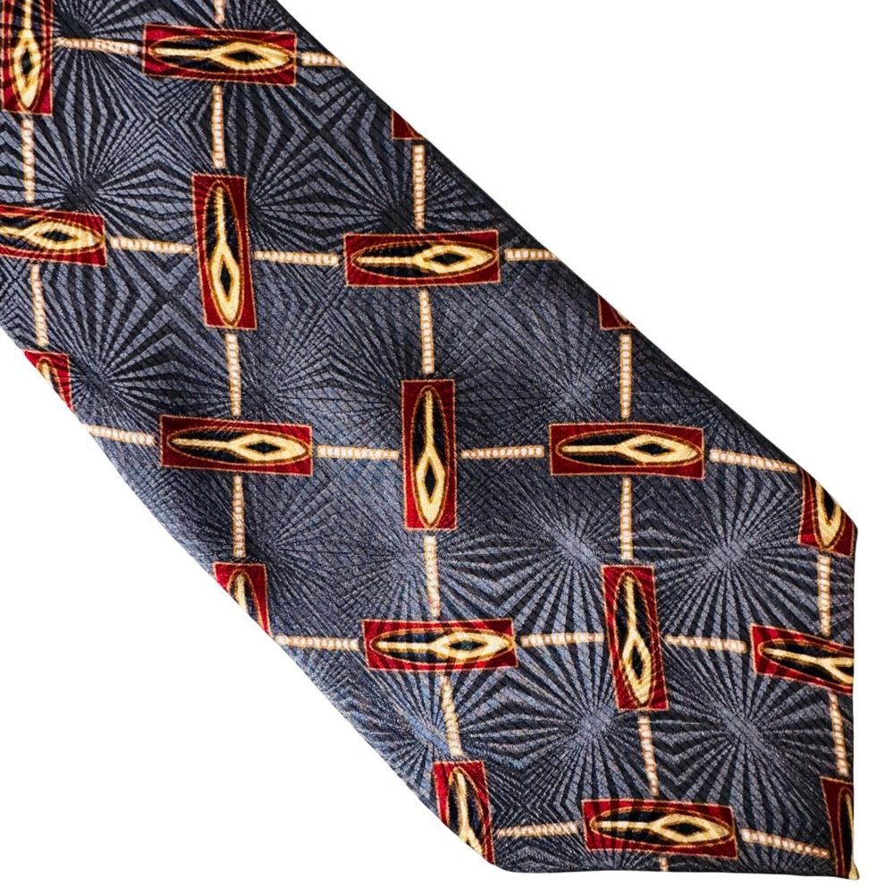 Bill Blass Black Label Silk Tie Geometric Abstract Red Grey Gold Mens Necktie OS
